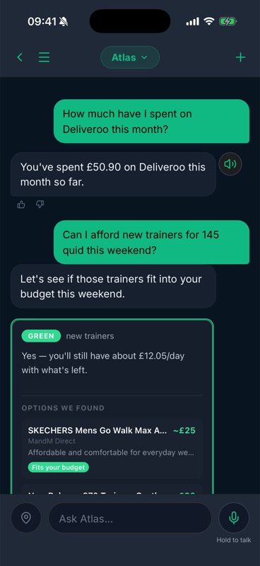 Atlas chat: asked how much was spent on Deliveroo this month, Atlas answers £50.90; asked about £145 trainers, it returns a Green verdict with £12.05 a day left and cheaper options.