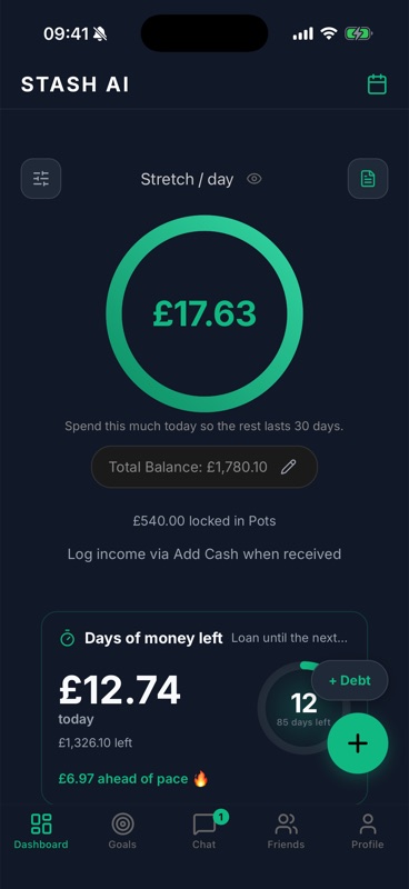 Stash home screen: Stretch per day ring showing £17.63 to spend today so the rest lasts 30 days, total balance £1,780.10 and £540 locked in pots.
