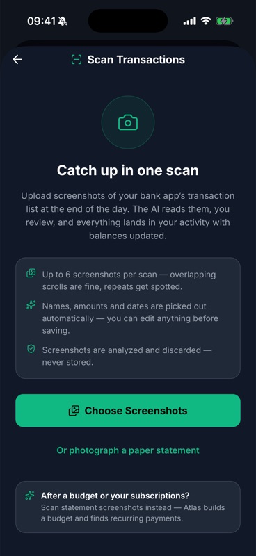 Stash Scan Transactions screen: catch up in one scan by uploading screenshots of your bank app, or photograph a paper statement.