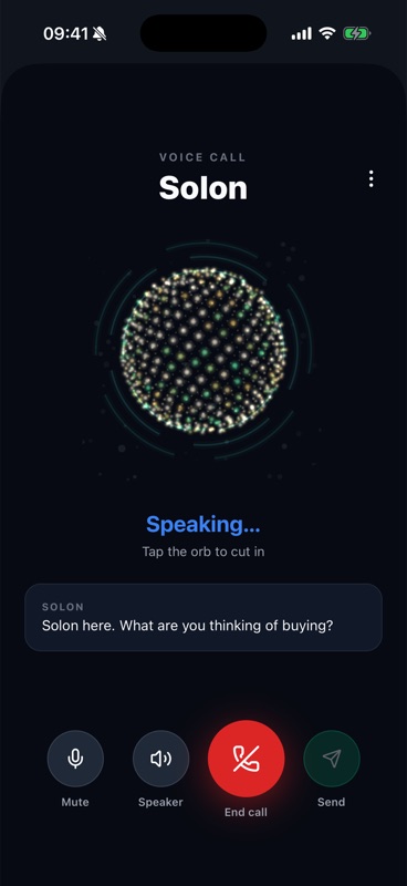 A live Solon voice call in Stash: the glowing orb, Speaking…, and Solon asking what you are thinking of buying.